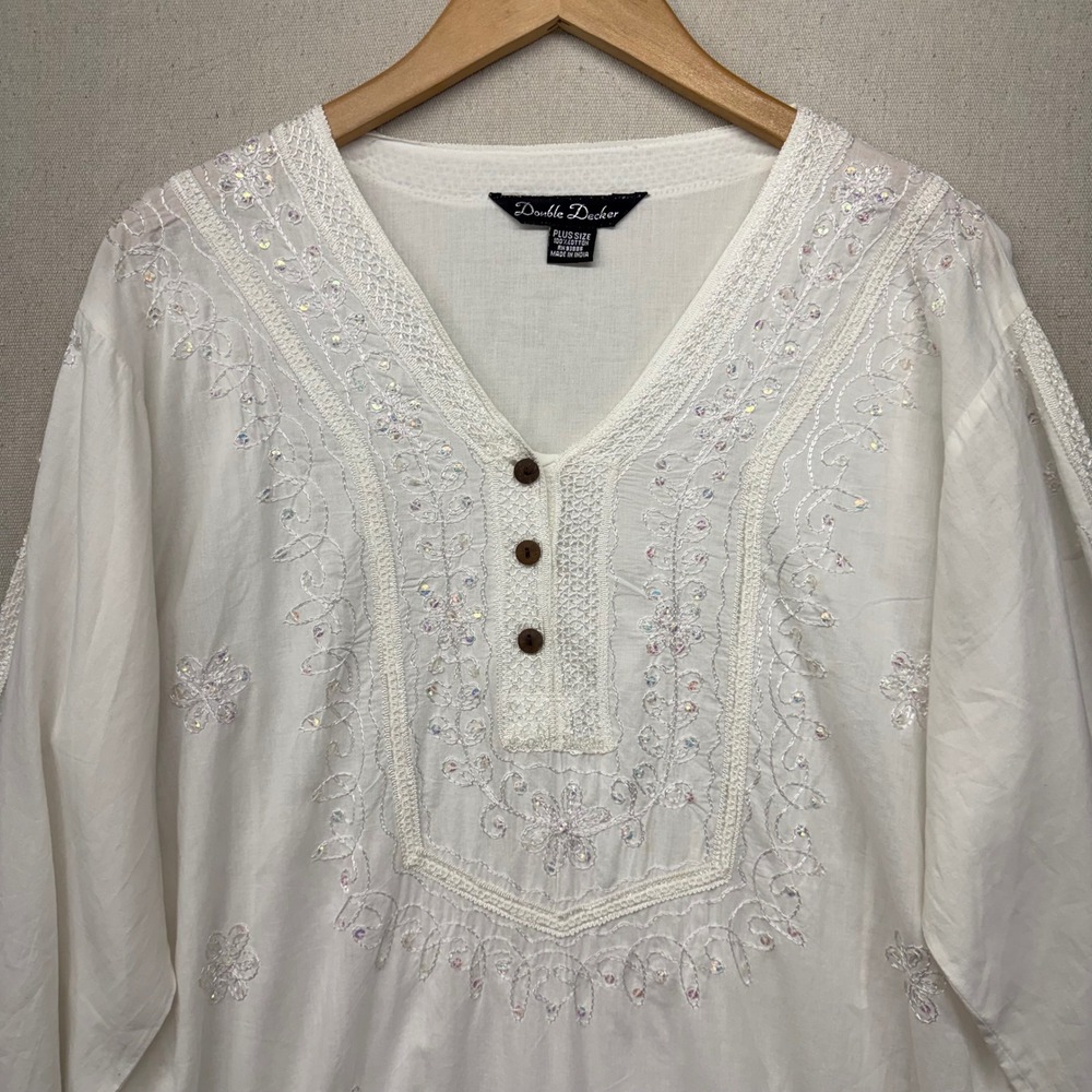 Double Decker White Cotton Embroidered Sequin Tunic Top Plus Size Boho V-Neck - Picture 2 of 14